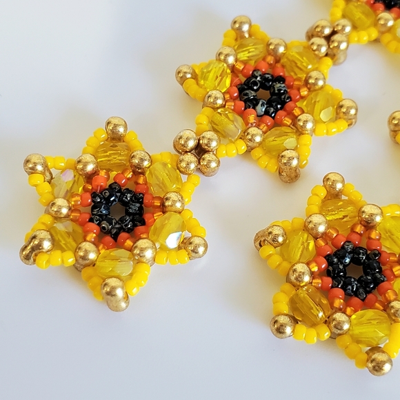 Handmade Iridescent Sunflower Drop Earrings on Titanium Ear Wire - Picture 2 of 3